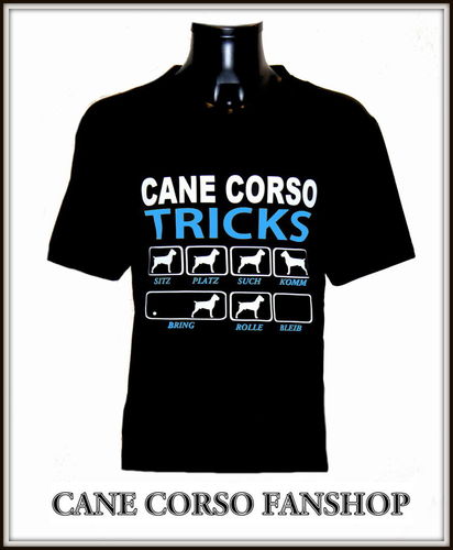 T-Shirt mit Druck " CANE CORSO TRICKS" schwarz / blau Größe M